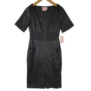 NWT Phoebe Couture Black Satin & Stretch Short Sleeve Ruffle Sheath Dress Size 4